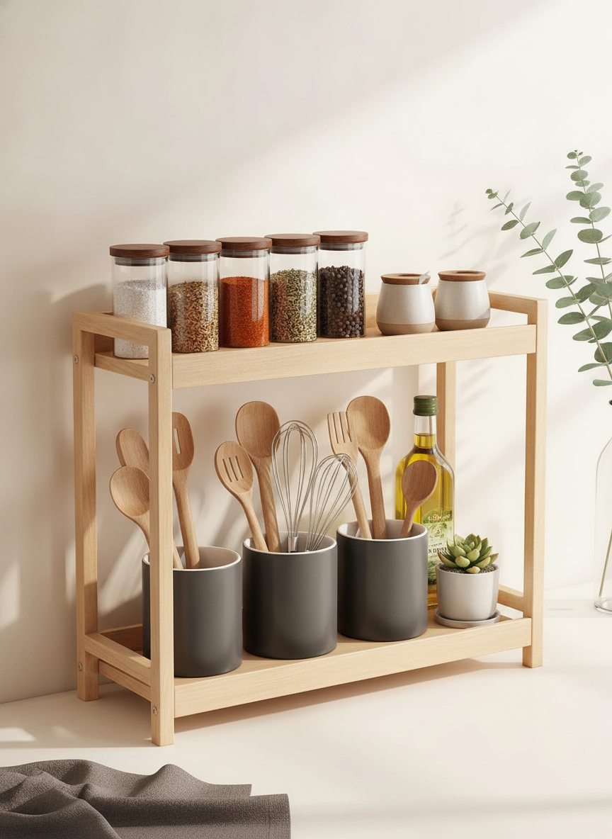 Modern minimalist wood kitchen shelf wall mounted, displaying elegant utensils, small pots, and spice jars in a flat-lay arra