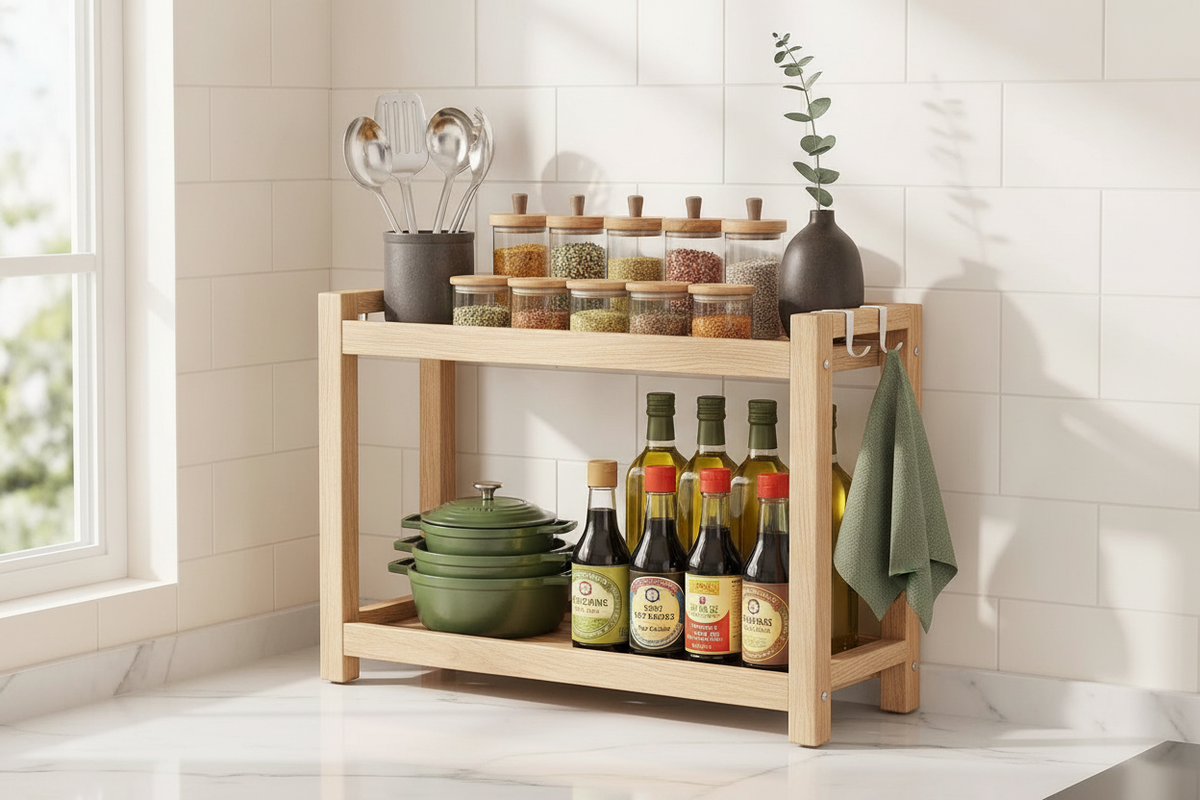 Wall-mounted wood storage rack in a modern minimalist kitchen, displaying utensils, pots, and spice jars against a white wall